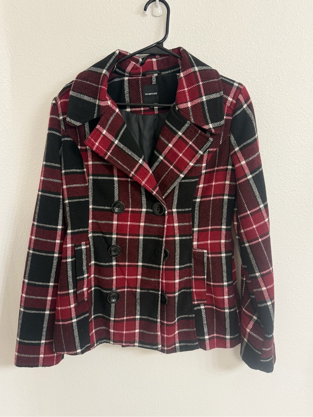 Rampage Women's Burgundy and Black Plaid Peacoat